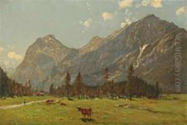 Cows Grazing On The Plains At The Achensee Oil Painting by Godfred B.W. Christensen