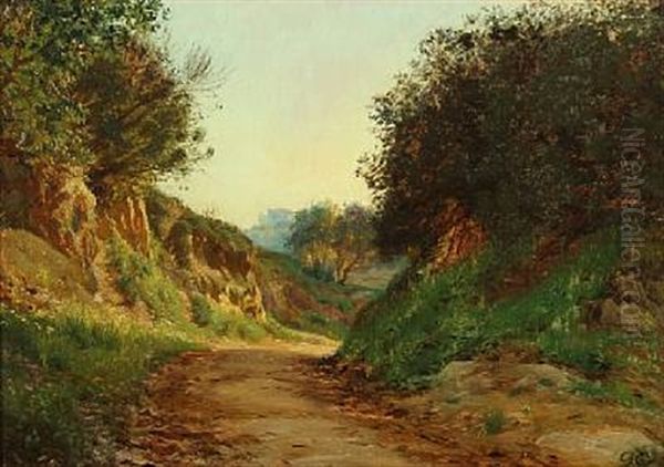 A South European Mountain Road With A House In The Background Oil Painting by Godfred B.W. Christensen