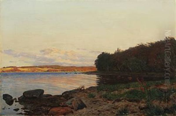 Landscape With Inlet And Sunlit Fields Oil Painting by Godfred B.W. Christensen