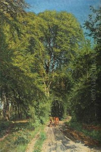 Forest Scenery With Boy And Cow Oil Painting by Godfred B.W. Christensen