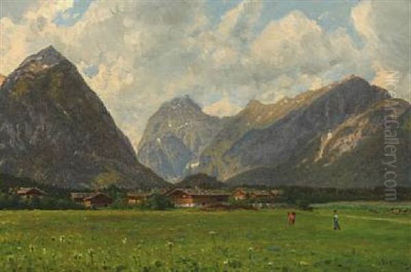 Mountain Landscape With Grazing Cows And Houses In The Background Oil Painting by Godfred B.W. Christensen