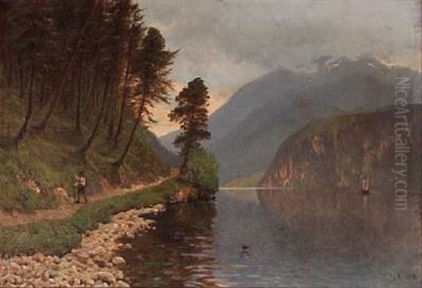 Mountain Landscape With A Walking Man Oil Painting by Godfred B.W. Christensen