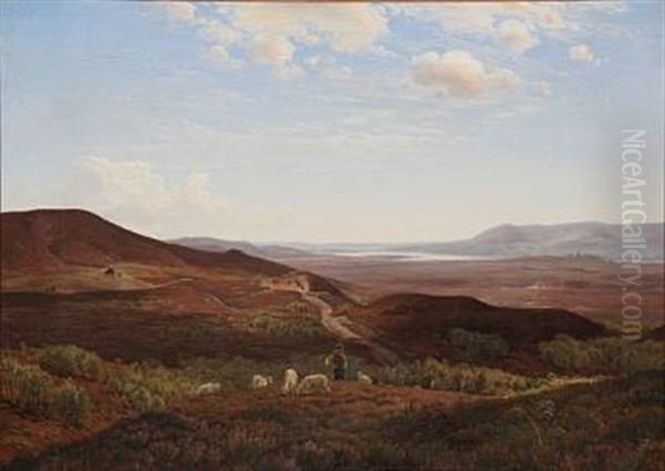 Landscape With Shepherd And Sheep Oil Painting by Godfred B.W. Christensen