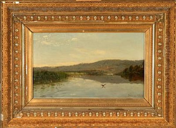 Landscape With Birds Flying Low Over A Stream Oil Painting by Godfred B.W. Christensen