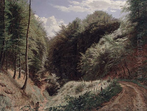 Blick Von Der Hohe In Kleines Bewaldetes Tal Mit Flirrendem Lichteinfall An Einem Sommertag Oil Painting by Godfred B.W. Christensen
