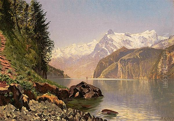 Hochgebirgslandschaft Mit See (vierwaldstatter See?) Oil Painting by Godfred B.W. Christensen