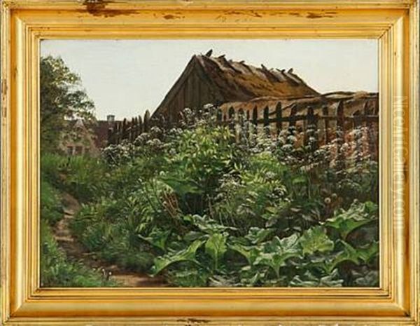 Goutweed Behind A Thatched House Oil Painting by Godfred B.W. Christensen