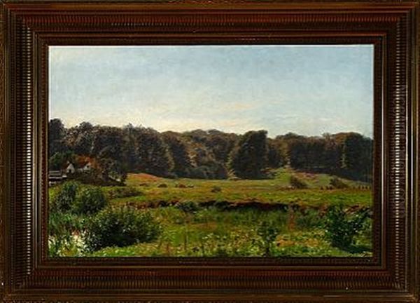 Danish Summer Landscape With Harvest Workers On The Field Oil Painting by Godfred B.W. Christensen