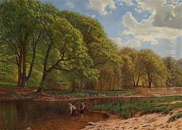 To Drenge Der Fisker I Susaen Ved Herlufsholm Oil Painting by Godfred B.W. Christensen