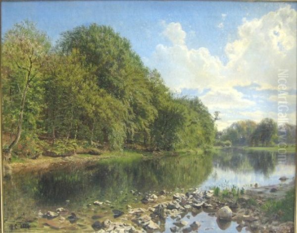 Parti Fra Susaen Med Store Traeer Og Kvaeg Langs Bredden Oil Painting by Godfred B.W. Christensen