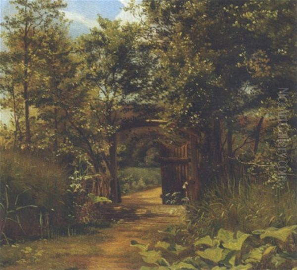 Skovparti Med Bro Og Lage Oil Painting by Godfred B.W. Christensen