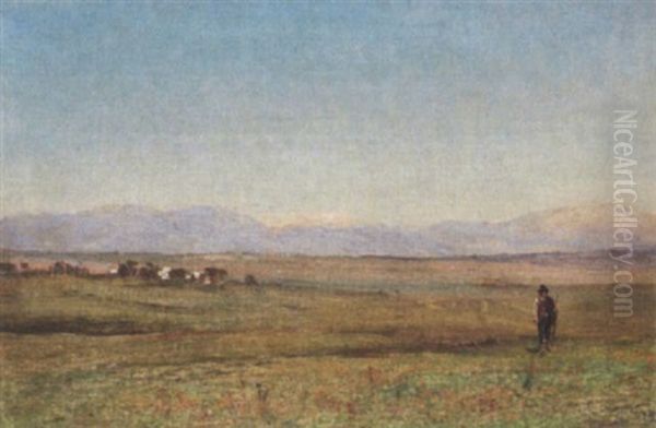 Italiensk Marklandskab Med Vandrende Bonde, I Baggrunden Bjerge Oil Painting by Godfred B.W. Christensen