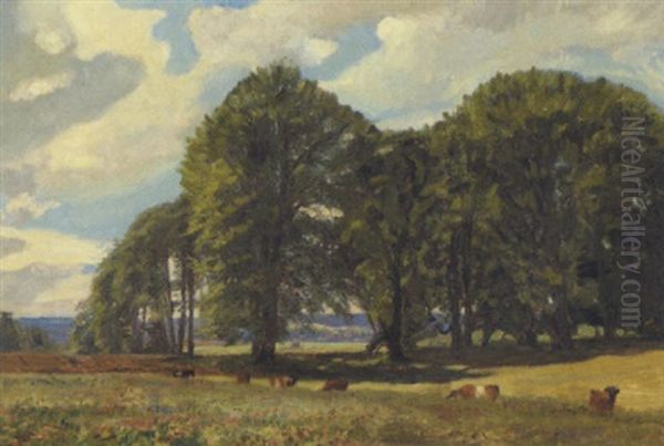 Landskab Med Koer Og Hoje Traeer Oil Painting by Godfred B.W. Christensen