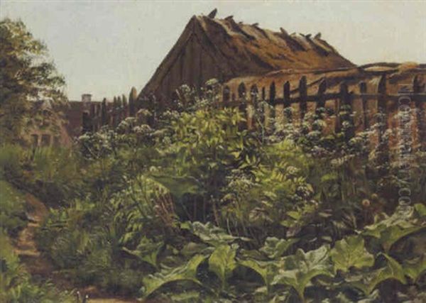 Blomstrende Skvalderkal Og Skraepper Bag Et Strataekt Hus Oil Painting by Godfred B.W. Christensen