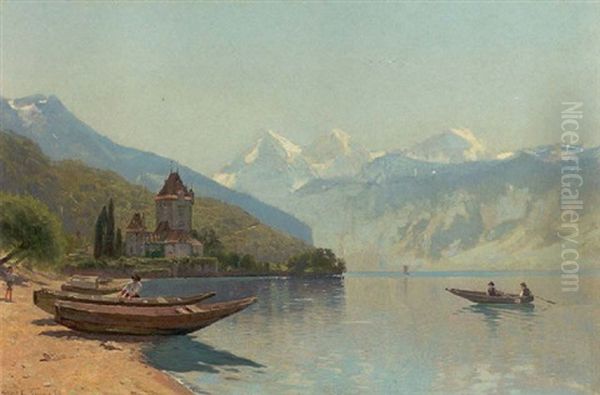 Bjergso Med Personer Ved Joller, I Baggrunden Et Slot Ved Sobredden Oil Painting by Godfred B.W. Christensen