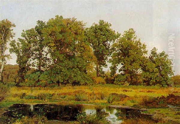 Skovbryn Med Lille So I Forgrunden Oil Painting by Godfred B.W. Christensen