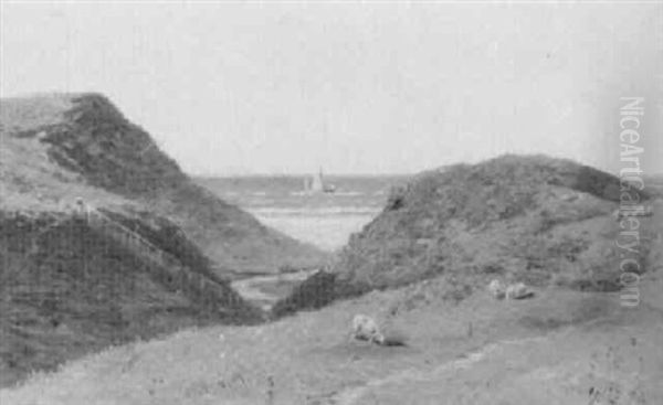 Graeassende Far Ven En Strandeng, I Baggrunden Havet Oil Painting by Godfred B.W. Christensen