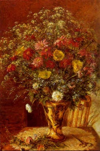 Opstilling, Vilde Blomster I Vase Pa Et Bord Oil Painting by Godfred B.W. Christensen