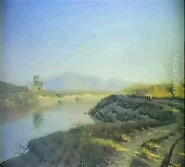 Parti Fra Tiberen Naer Ponte Molle, Det Cylindriske Tarn Tor De Quinto Lazzaroni Er Det Nuvaerende Viale Tor Di Quinto Oil Painting by Godfred B.W. Christensen