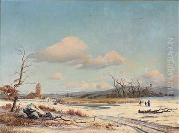 Winter Landscape With A Church Oil Painting by Peter Christian Christensen
