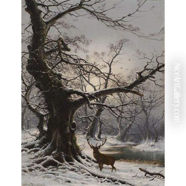Stag In A Snow Covered Wooded Landscape Oil Painting by Nils Hans Christiansen