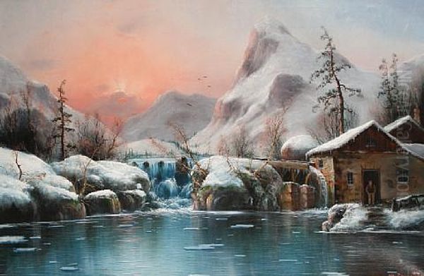 Winter Lake View (+ Winter Lake View; Pair) Oil Painting by Nils Hans Christiansen