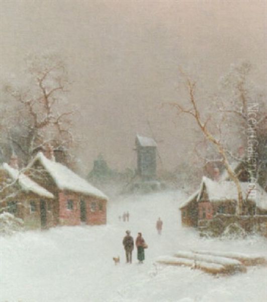 Village Scene In Winter Oil Painting by Nils Hans Christiansen