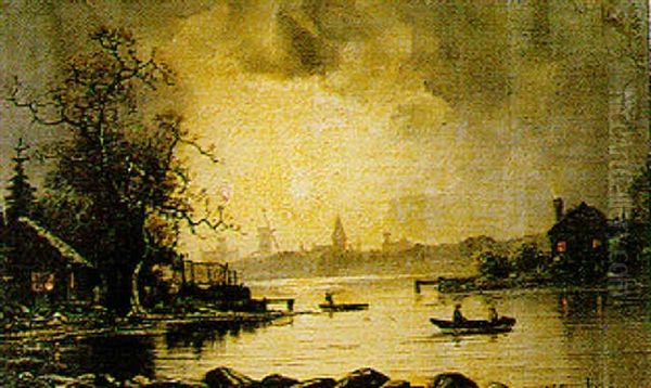 Moonlight Estuary View Oil Painting by Nils Hans Christiansen