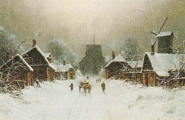 Dutch Winter Landscape With Figures And Cart On A Snowy Path By Cottages Oil Painting by Nils Hans Christiansen
