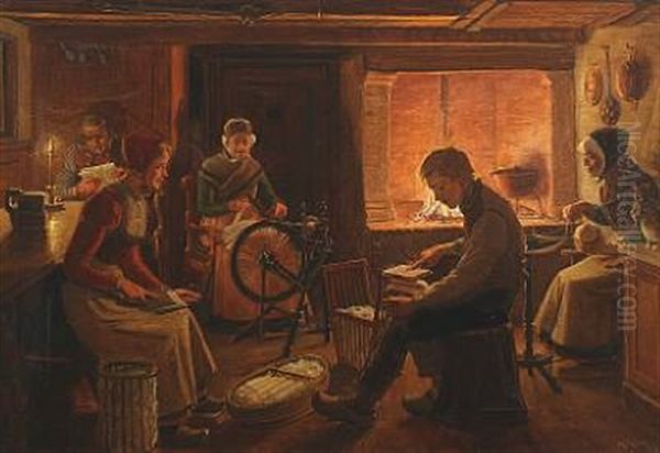 Spinning At Eventide In A Peasant Home Oil Painting by Rasmus Christiansen