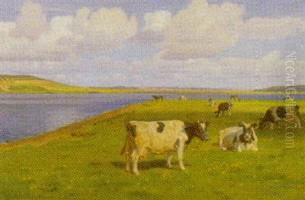 Marker Ned Til Hjarbaek Fjord, Med Graessende Kreaturer Oil Painting by Rasmus Christiansen