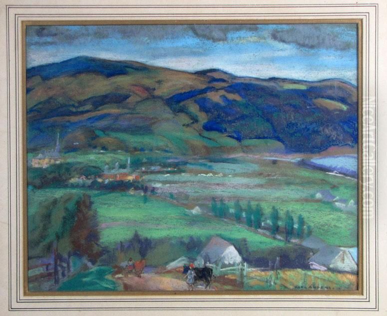 Landscape Overview With Distance Town And Mountains Oil Painting by Karl J. Anderson