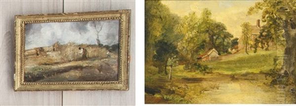 Pond With A House Beyond And The Cornfield: Two Paintings Oil Painting by Thomas Churchyard