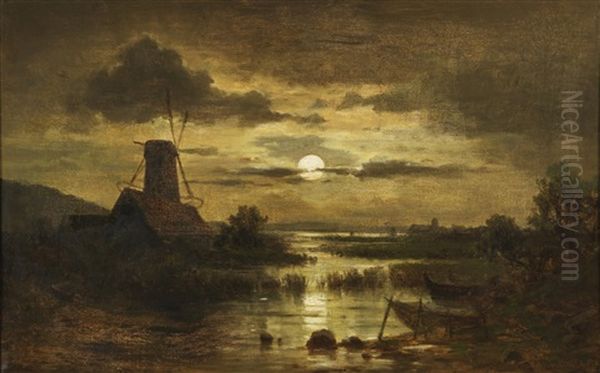 Mill In The Moonlight Oil Painting by Adolf Chwala