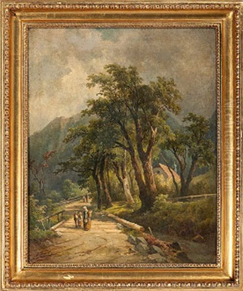 Bridge Landscape Oil Painting by Adolf Chwala