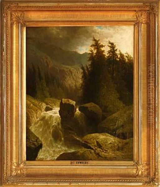 A Waterfall In A Mountain Landscape Oil Painting by Adolf Chwala