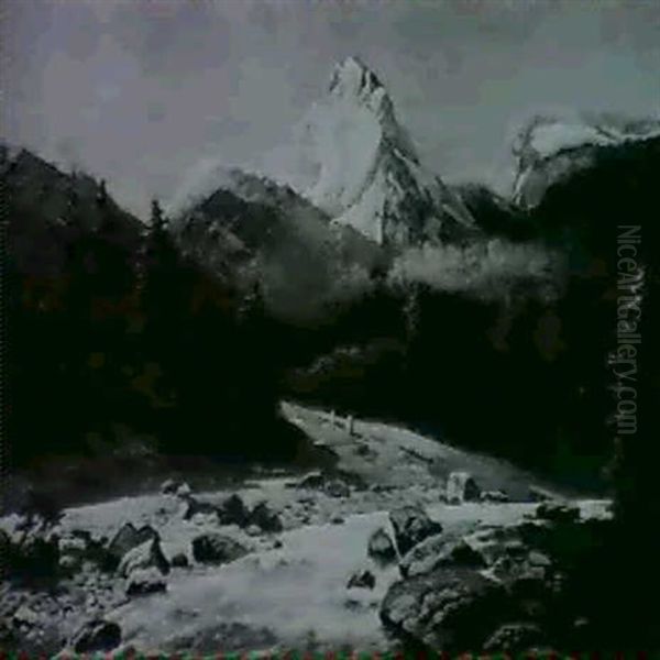 Gebirgsbach, Im Hintergrund Das Matterhorn Oil Painting by Fritz Chwala