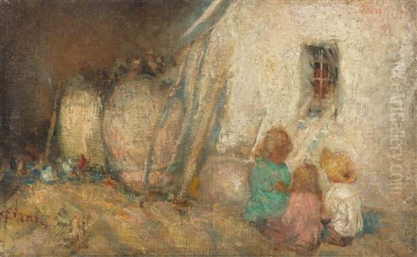 Children By A Farm Cottage Oil Painting by Cesare Ciani