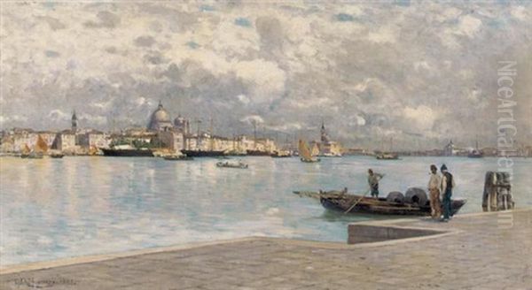 Fisherman Along The Canal Oil Painting by Guglielmo Ciardi
