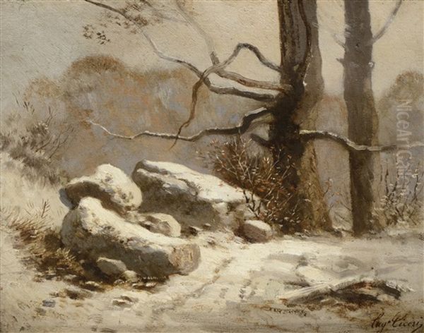 Sous Bois Enneiges En Foret De Fontainebleau Oil Painting by Eugene Ciceri