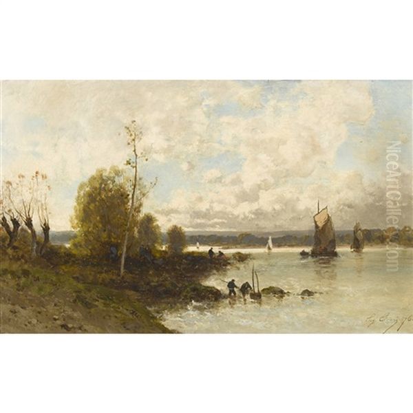 Estuaire Avec Voiliers Et Pecheurs Oil Painting by Eugene Ciceri