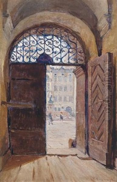 Blick Durch Ein Tor (+ Blick Auf Einen Brunnen; 2 Works) Oil Painting by Tadeusz Cieslewski