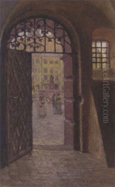 View Through A Gate, Warsaw Oil Painting by Tadeusz Cieslewski