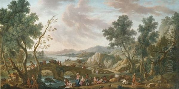 Weite Flusslandschaft Mit Hirten, Wascherinnen Und Reisenden Oil Painting by Vittorio Amadeo Cignaroli