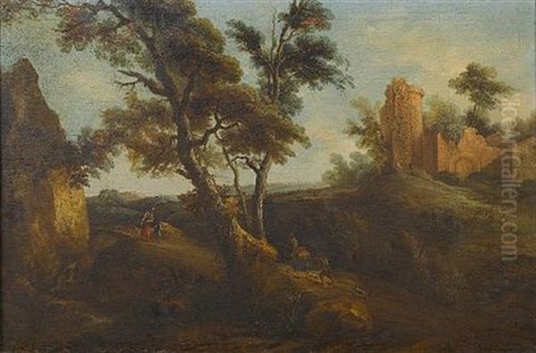 An Italianate Landscape With Travellers On A Country Path Before Ruins Oil Painting by Vittorio Amadeo Cignaroli