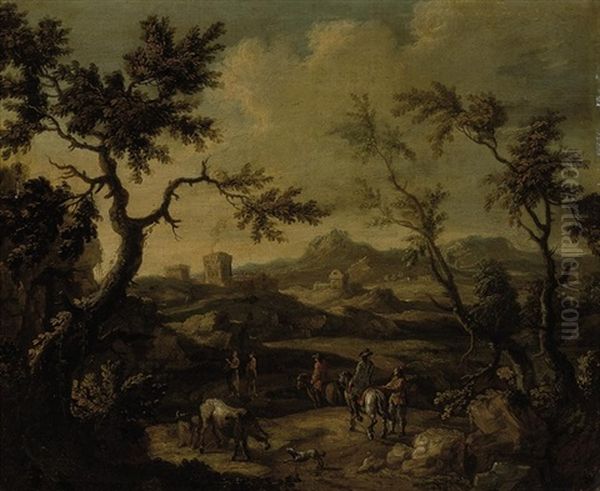 A Wooded Landscape With Travellers Conversing On A Path Oil Painting by Giovanni Battista Cimaroli