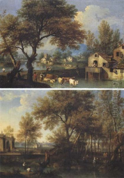 Paesaggio Fluviale Con Pescatori, Contadini Ed Armenti Oil Painting by Giovanni Battista Cimaroli