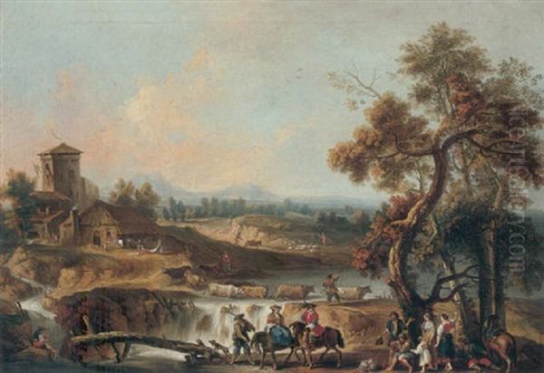 A River Landscape With Elegant Travellers And Other Figures By A Wooden Bridge, A Herdsman Crossing The River With His Cattle By A Waterfall Oil Painting by Giovanni Battista Cimaroli