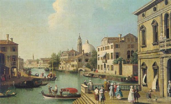 A Townscape In The Brenta  Vallery With Elephant Figures Promenading Before Classical Buildings Oil Painting by Giovanni Battista Cimaroli