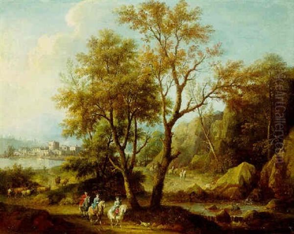 A Wooded Landscape With Elegant Travellers On A Road Near Wooded Cliffs, A Village By A Lake Beyond Oil Painting by Giovanni Battista Cimaroli